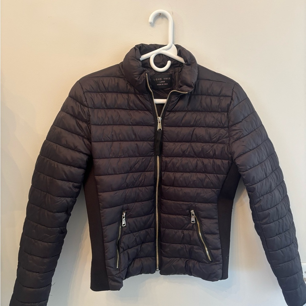 Love Tree women's black puffer jacket with gold-tone accents